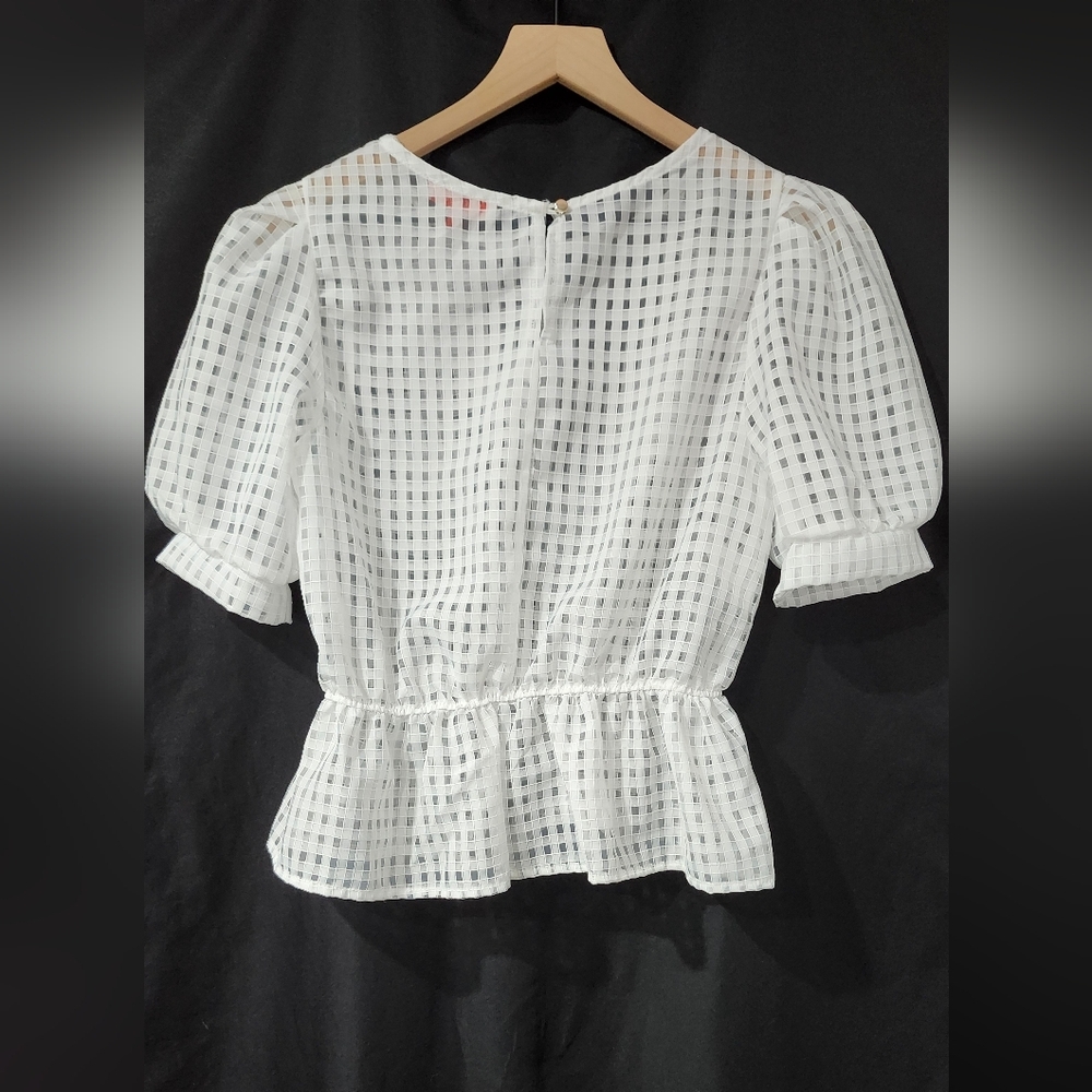 Mele E Pere Womens Puff Sleeve Top Size M White Sheer Modern Checkered Coquette - Picture 7 of 8